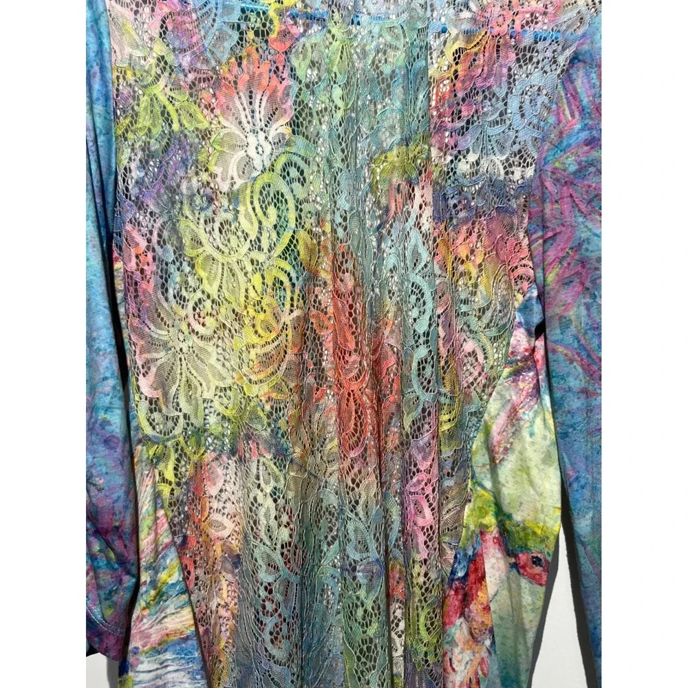 Romance Lovegrl Hummingbird Floral Lace‎ Back Open Front Cardigan Multi Color L
